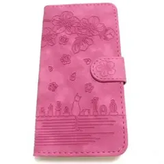 AQUOS Sense6 ケース 手帳型 猫　花柄　手帳型ケース　ローズレッド