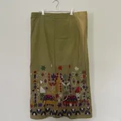 Ethnic Labels エスニックゾウ総柄刺繍ロングスカート カーキ フリー