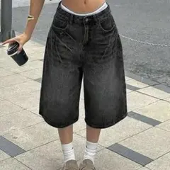 デニム　ハーフパンツ　SHEIN クロップドパンツ 七分丈 黒のサムネイル