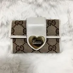 【良品】グッチ 6連 キーケース GGキャンバス レザー ホワイト　ハート