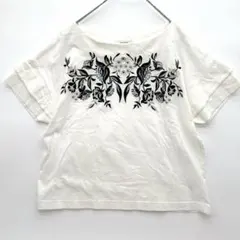 ジーナシス カットソー 刺繍 ボートネック 半袖 花柄 F 白 綿 お出かけ