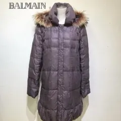 BALMAIN ファー付きフード　ロングダウンコート　サイズ9 裏地ロゴ総柄