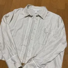 コットンツイルストライプシャツ　ショート丈　ライドベージュ　クロップドシャツ