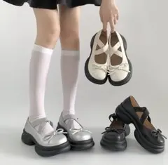 シルバーリボン付きローファー　韓国　バレエコア