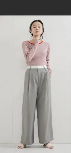 【新品・極美品】グレー ワイドパンツ Fサイズ ホワイトウエストバンド