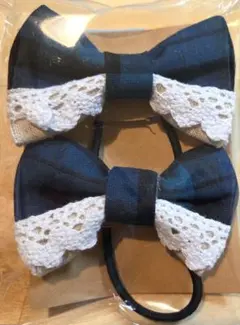 ハンドメイド 紺×深緑チェック リボンヘアゴム 2個セット no.96