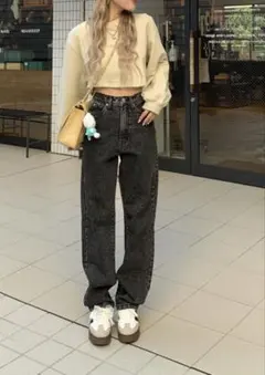 GRLデニムストレートパンツ グレーブラック XSビンテージストリートカジュアル