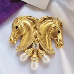 Rare Elizabeth 馬 双頭 金色 ラインストーン ブローチ