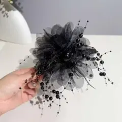 ヘアクリップ　ヘアアクセサリー　バナナクリップ　黒　チュール素材　卒入学