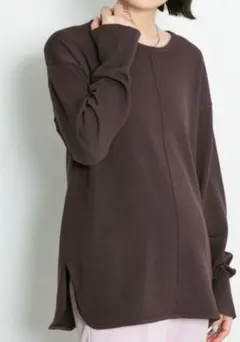 KBF　サイドスリット長袖ニット　ダークブラウン