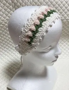 ヘアバンド　バブーシュカ　ヘッドドレス　手編み　チューリップヘアバンド