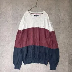 トミーヒルフィガー ニット セーター 3色ボーダー 刺繍ロゴ 長袖 L