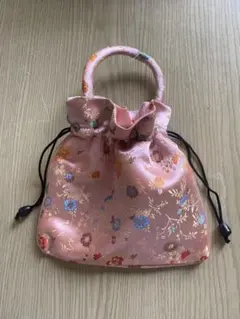 花柄　ピンク　サテン　和装用バッグ　香港　刺繍　手提げ