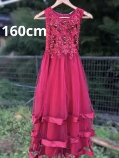 【160cm】赤 ノースリーブ ティアード ロング ドレス 発表会