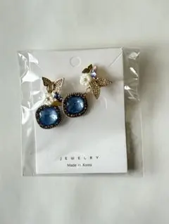 青色クリスタル蝶デザインピアス