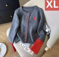 【新品未使用＊】ハート刺繍 カーディガン グレー × レッド 配色 ニット