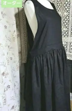 フレンチリネンギャザーたっぷりバッククロスエプロンドレス