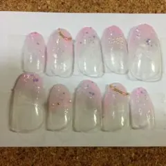 ネイルチップ ジェルネイル ピンク グラデーション リボン キラキラ ホロ ラメ