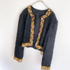 ノーカラー 刺繍 スパンコール ビーズ ジャケット 黒 F パーティー　春