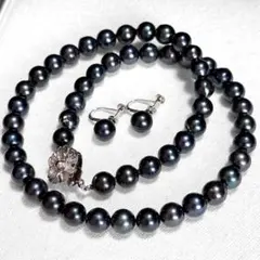 鑑定書付 天然ジェット ネックレス イヤリングセット 10mm シルバー