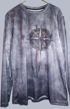 コンパスデザイン長袖シャツ グレー系　Mサイズ