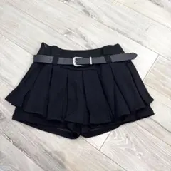 プリーツショートパンツ ベルト付き スカート　韓国ファッション 黒　ブラック　M