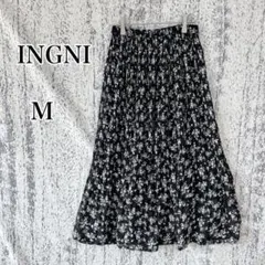 【イング】黒 花柄 プリーツロングスカート M シアー ウエストゴム a4973