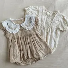 80cm春夏ロンパース2枚セット バースデイ ベージュ 刺繍