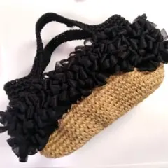 ブラック×麻紐バッグ☆ フリフリバッグ☆ フリルバッグ☆2way☆ズパゲッティ