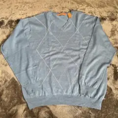 イタリア製 アーガイル柄 薄手ニット XL くすみブルー 古着