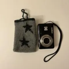 ハンドメイド　編み物　デジカメケース　ポーチ　黒×グレー　星