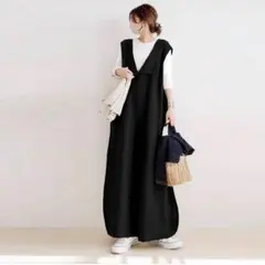 L 黒 ワイドパンツ サロペット オールインワン ジャンプスーツ a13