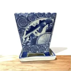 人気品　和風角型植木鉢 青白模様　紅色梅の木柄丸鉢角鉢　3種類セット