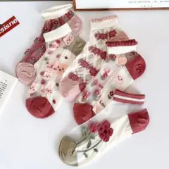 涼爽レディースソックス　5足セット　シースルー花柄ショートレースくるぶし女性靴下のサムネイル