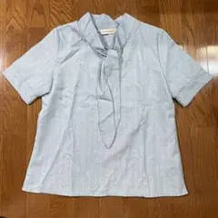 水色ストライプ リボン襟 半袖シャツ M