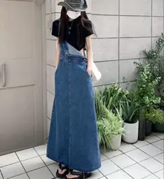デニム　マキシ丈ジャンパースカート　韓国　サロペット　大人カジュアル