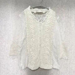 美品✦Atelier a レース刺繍シャツブラウス M アイボリー 綿麻/7分袖