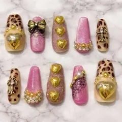 【現品】即購入OK ネイルチップ　ギャル　ヒョウ柄　キラキラ　クロス　ハート