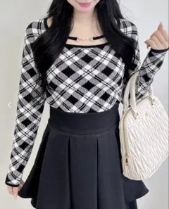 INGNIイング　パールビット付きチェックニット　ブラック　Mサイズ