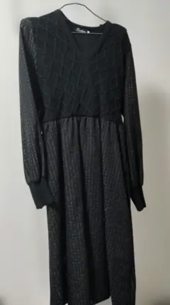 Fashion ダイヤモンド模様 長袖ワンピース 黒