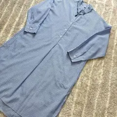 青と白のストライプ ロングシャツワンピース