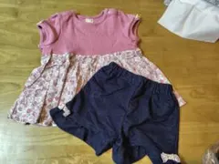 美品　プティマイン　フリル　総柄切り替えペプラム　チュニック　花柄　ピンク　80