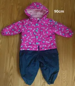 美品 100cm リボン柄 フード付き スノーウェア 雪遊び　女の子　ピンク×紺