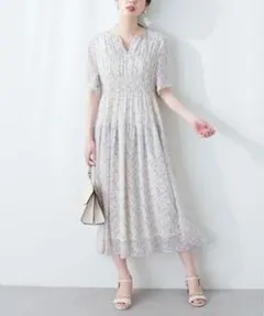 natural couture 変形シャーリングフレアスリーブワンピース