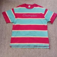 Champion ボーダーTシャツ ピンク×ミント XL