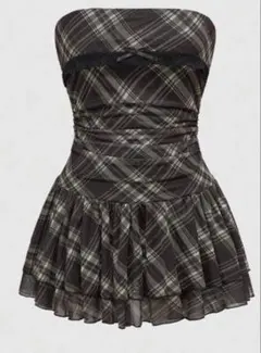 チェック柄ストラップレスミニワンピースとカーディガンセット バラ売りも可能