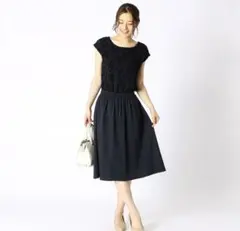 美品　コムサイズム　シフォンジャカード切替ジャージーワンピース