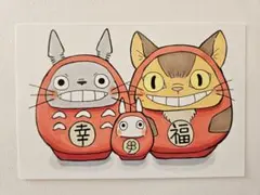 手描きイラスト、トトロ、猫バス、だるま、ポストカード、ハンドメイド、ファンアート