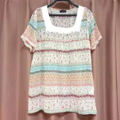 シアー半袖チュニック 花柄 エスニック風 スクエアネック Mサイズ