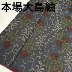 着物 本場大島紬 正絹 一元式 花唐草 泥藍染めU-7725